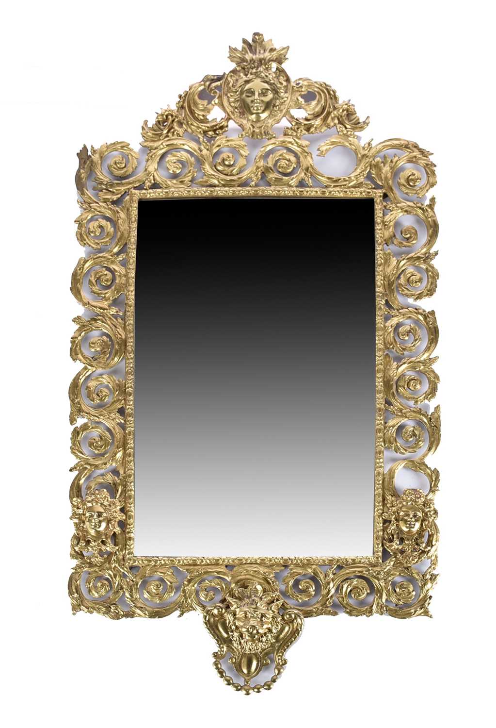 A Victorian cast and gilt brass wall mirror with Vitruvian scroll border and Athene and satyr mask