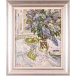 20th Century Russian School, a still life study of flowers and fruit, impasto oil on canvas,
