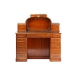 A French Louis XVI style mahogany kneehole writing desk, late 19th century. With a galleried