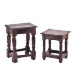 A Jacobean style oak joint stool with thumb moulded top over carved, slender cup and cover