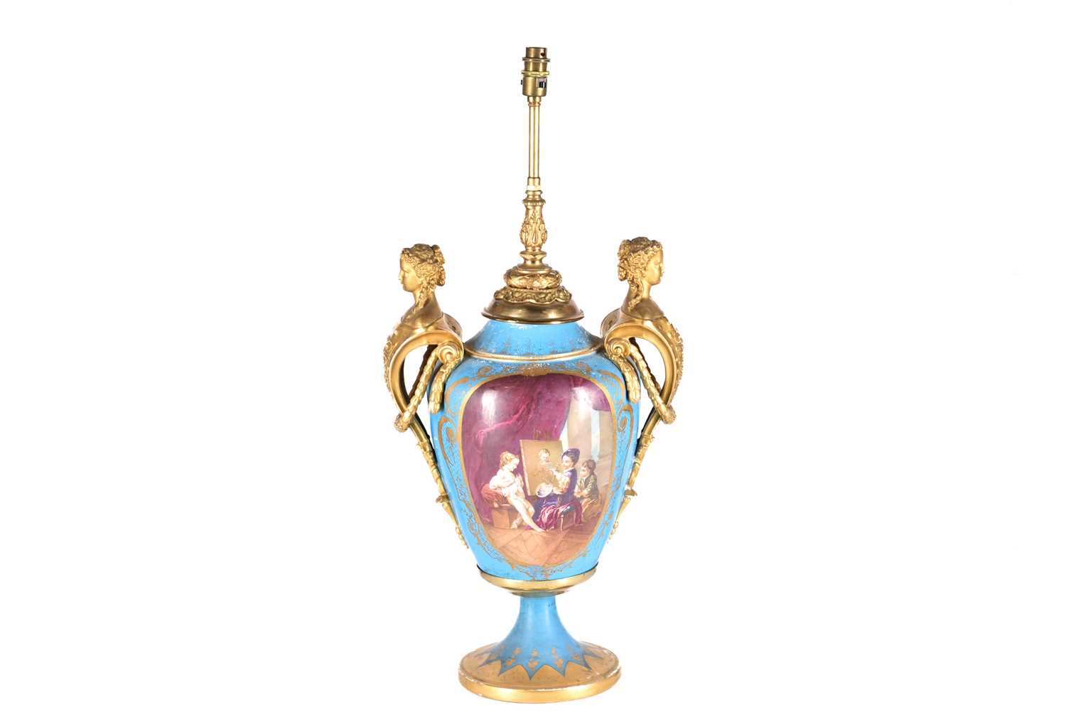 A large French porcelain vase shape table lamp, 19th century, in the Sevres style, painted with a