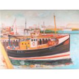 John Bellany (1943-2013), Harbour scene, 1996, a boat to the foreground named 'Amaranth', acrylic on