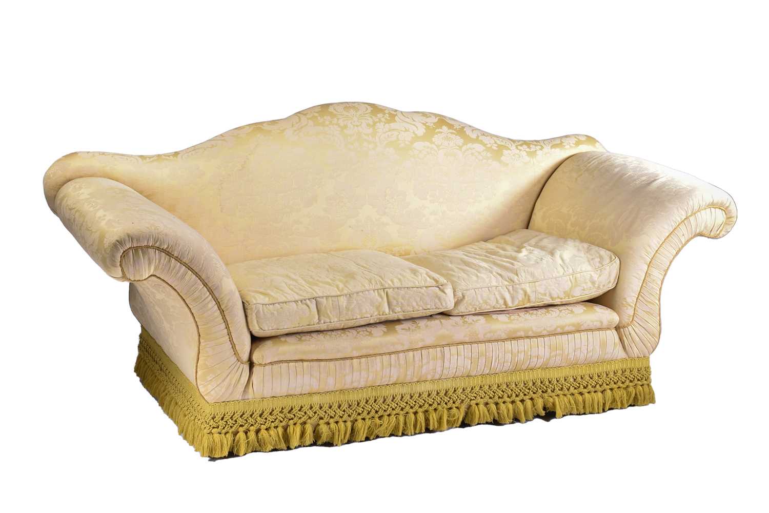 A pair of Harrods camel back two-seat sofas with stuff over pale gold Damask upholstery with - Image 2 of 12