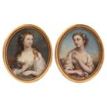 A pair of large 19th century pastel portraits, each of a finely dressed lady, in gilt oval frames,