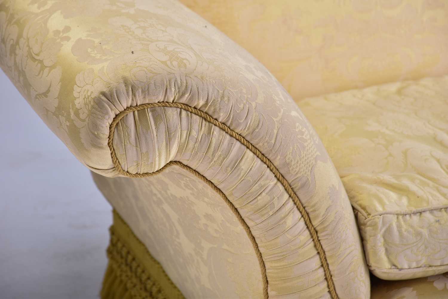 A pair of Harrods camel back two-seat sofas with stuff over pale gold Damask upholstery with - Image 5 of 12
