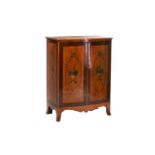 A George III style painted satinwood and figured rosewood bowfront two-door cupboard, early 20th