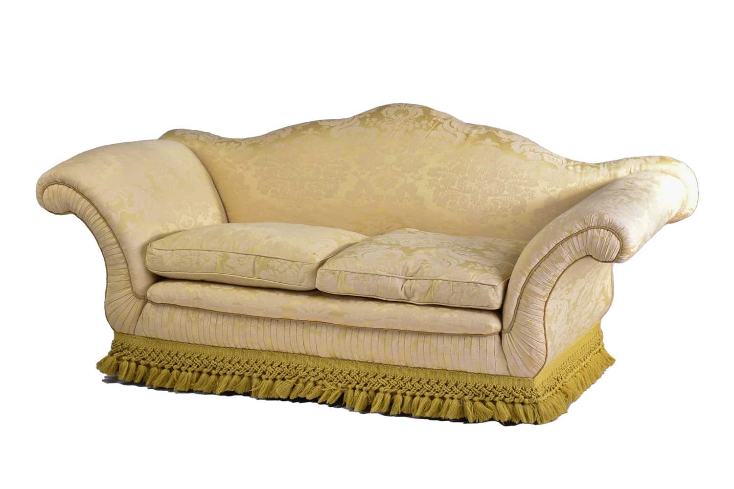 A pair of Harrods camel back two-seat sofas with stuff over pale gold Damask upholstery with - Image 11 of 12