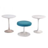 A pair of white Arkana "Tulip" circular pedestal side tables with spreading bases. Together with a