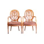 A pair of fine Adam design satinwood "Prince of Wales Feather" and cameo backed open armchairs, late