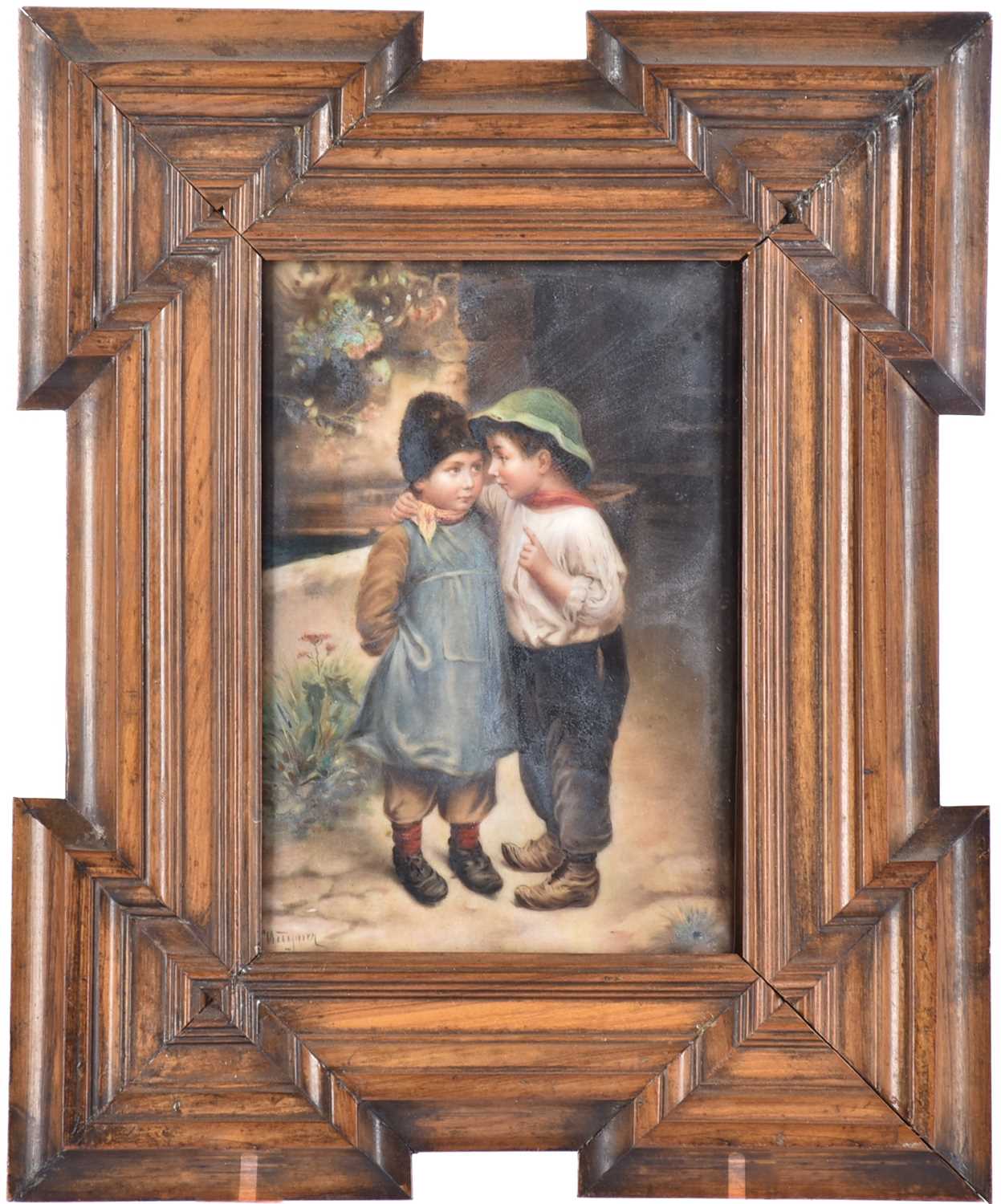 A German hand-painted porcelain plaque depicting two young boys in conversation, possibly KPM,