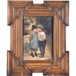 A German hand-painted porcelain plaque depicting two young boys in conversation, possibly KPM,