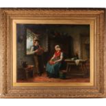 Jan Jacobus Matthijs Damschröder (1825-1905) Dutch, a couple in a rural interior, large oil on