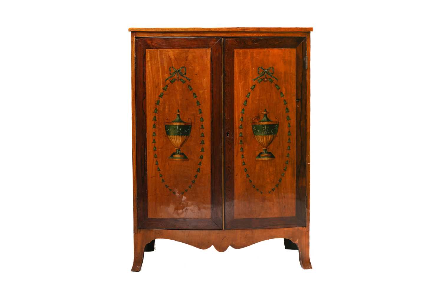 A George III style painted satinwood and figured rosewood bowfront two-door cupboard, early 20th - Image 2 of 12