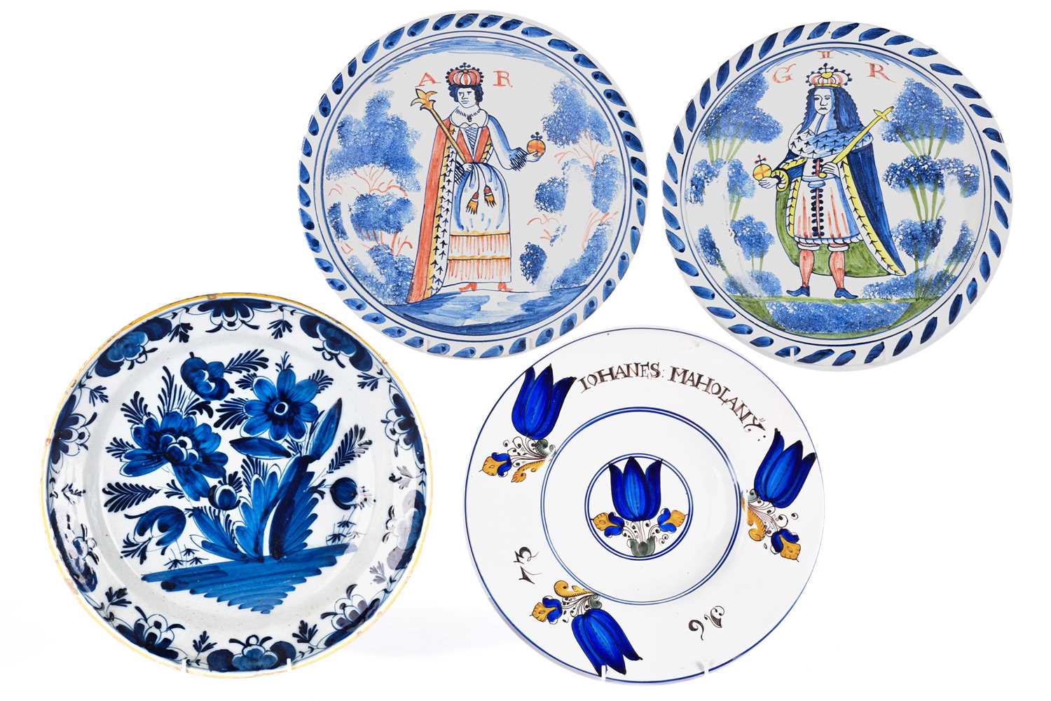 A 19th-century circular French faience blue and white dish with ochre dressed rim 35 cm together