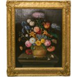 20th century Continental school, a still life study of a vase of flowers, oil on canvas, 49.5 cm x