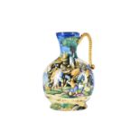 A late 19th-century Italian hand-painted majolica renaissance style Cantagalli ewer, depicting a