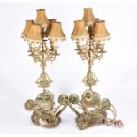 A pair of gilt metal and onyx electric five branch candelabra, 63.5cm overal, together with a pair