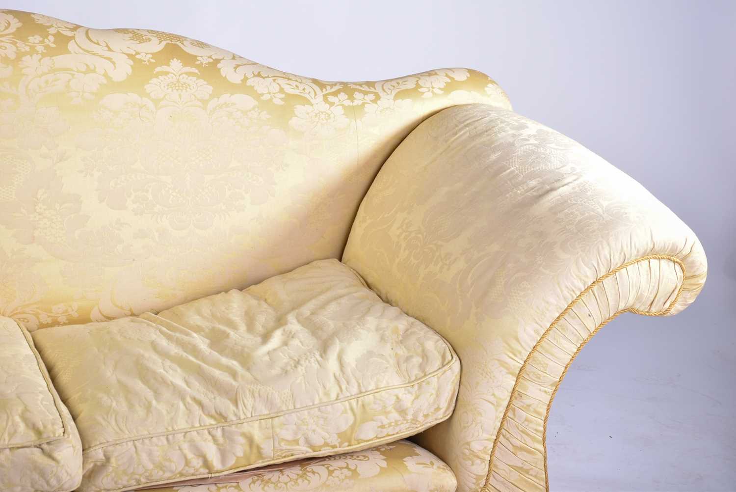 A pair of Harrods camel back two-seat sofas with stuff over pale gold Damask upholstery with - Image 4 of 12