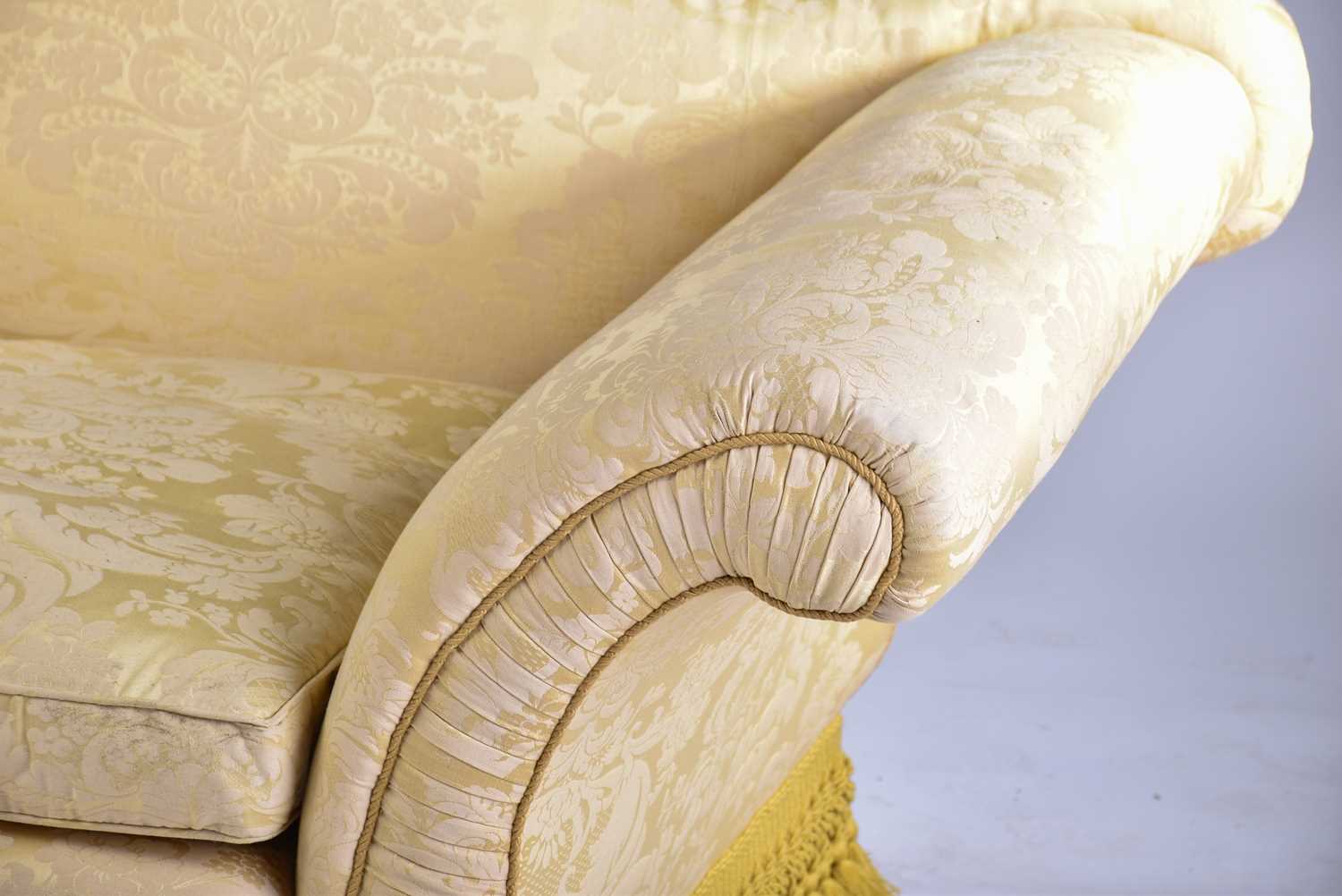 A pair of Harrods camel back two-seat sofas with stuff over pale gold Damask upholstery with - Image 3 of 12