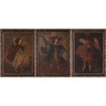 Late 19th/early 20th century Cuzco/Peruvian school, three folk paintings on canvas, depicting the