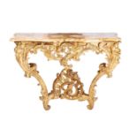 An 18th-century marble topped carved wood and gilt gesso console table with shaped cabriole supports