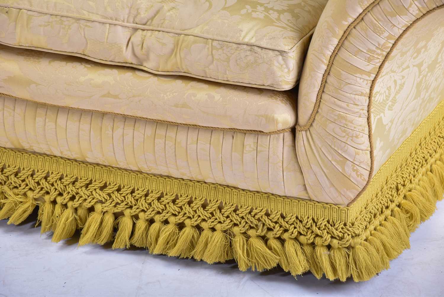 A pair of Harrods camel back two-seat sofas with stuff over pale gold Damask upholstery with - Image 9 of 12