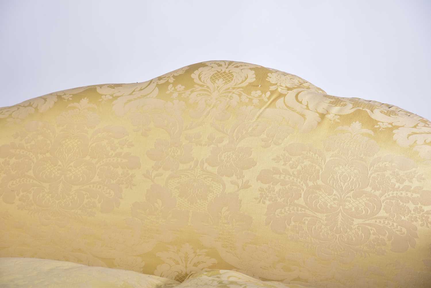 A pair of Harrods camel back two-seat sofas with stuff over pale gold Damask upholstery with - Image 6 of 12
