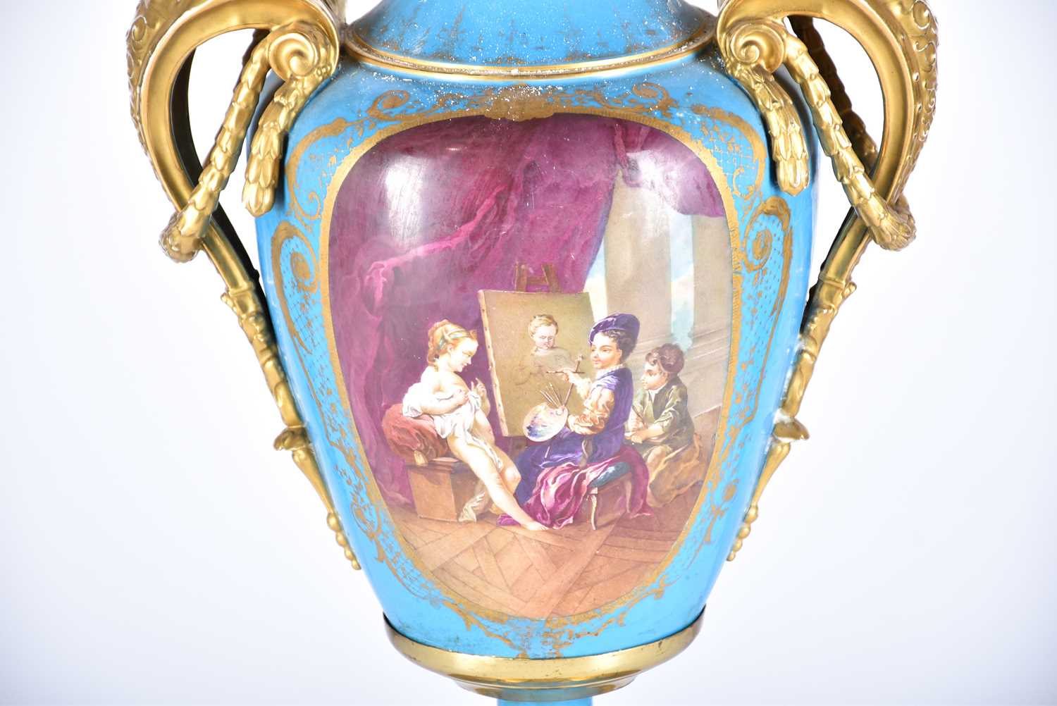 A large French porcelain vase shape table lamp, 19th century, in the Sevres style, painted with a - Bild 7 aus 7