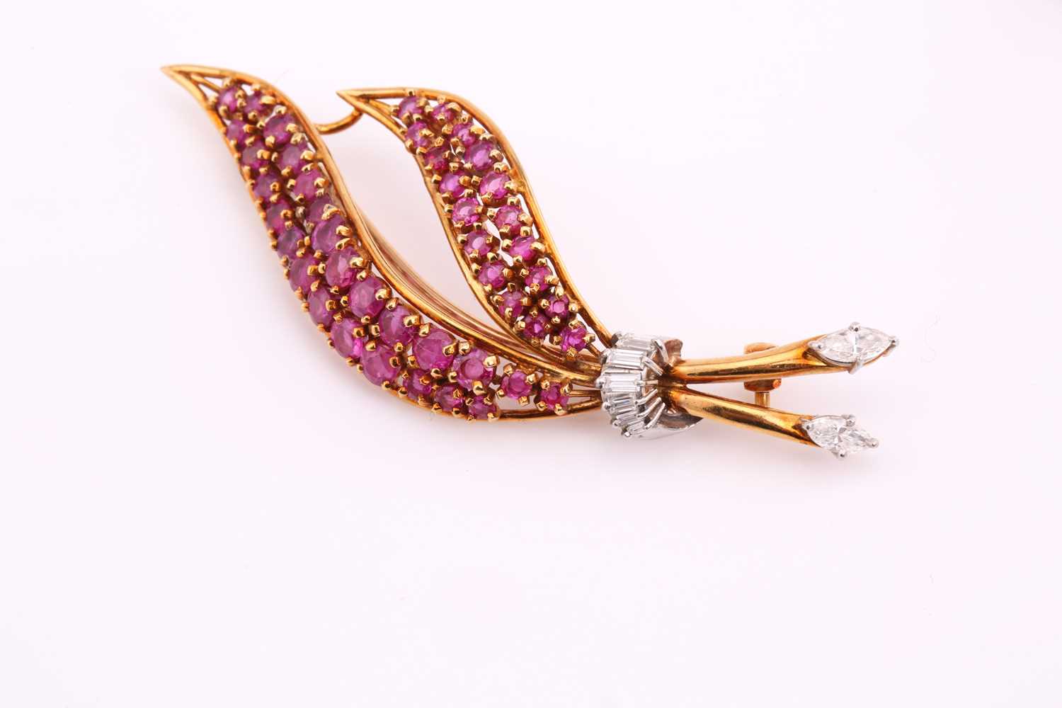A suite of ruby and diamond brooch with a matching pair of earrings. The floral brooch consists of - Image 4 of 4