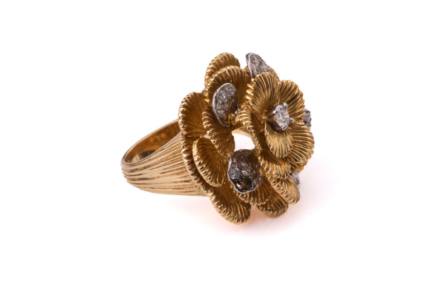 A Kutchinsky platinum and 18ct yellow gold diamond ring, comprises a flower head with layering - Image 7 of 10