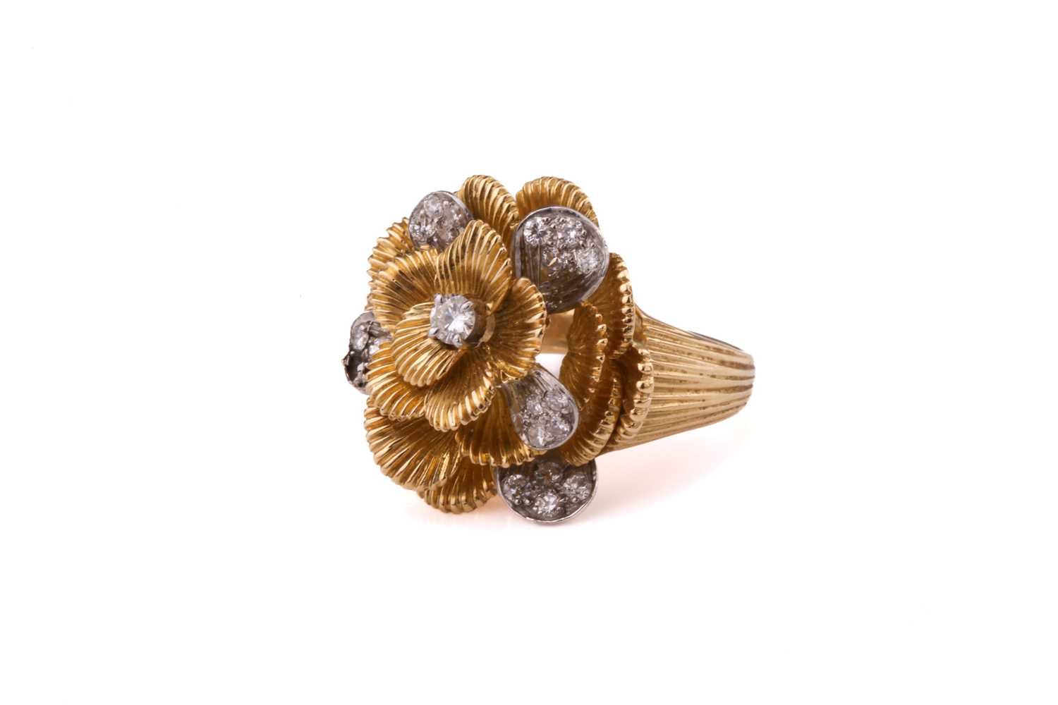 A Kutchinsky platinum and 18ct yellow gold diamond ring, comprises a flower head with layering - Image 5 of 10