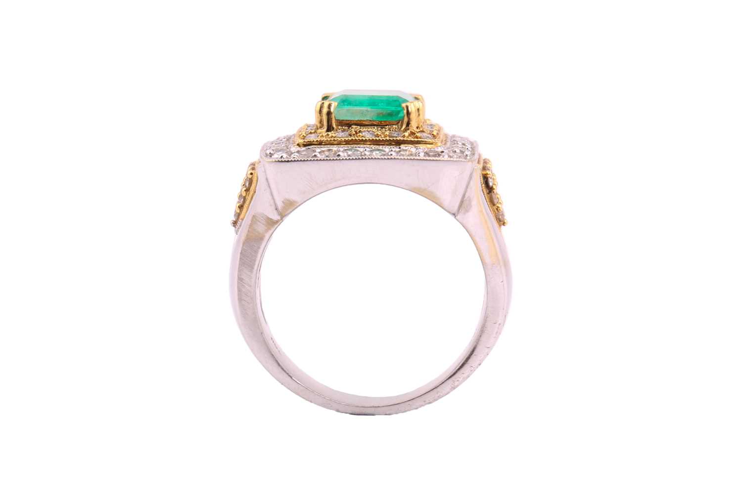 An emerald and diamond three-tier dress ring, consisting of a central emerald-cut emerald, - Image 3 of 10