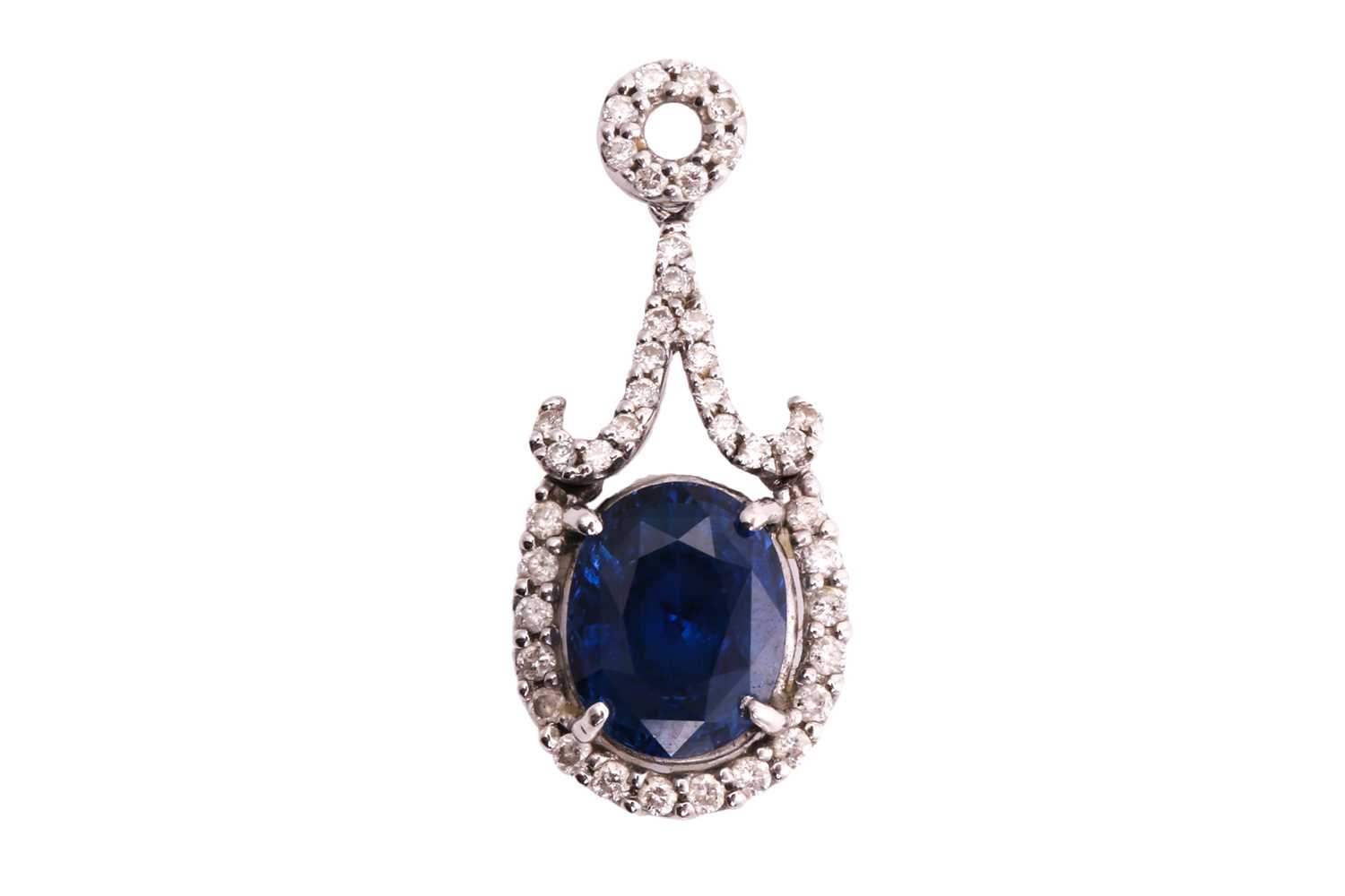 A sapphire and diamond pendant, consisting of an oval sapphire with deep blue body colour and