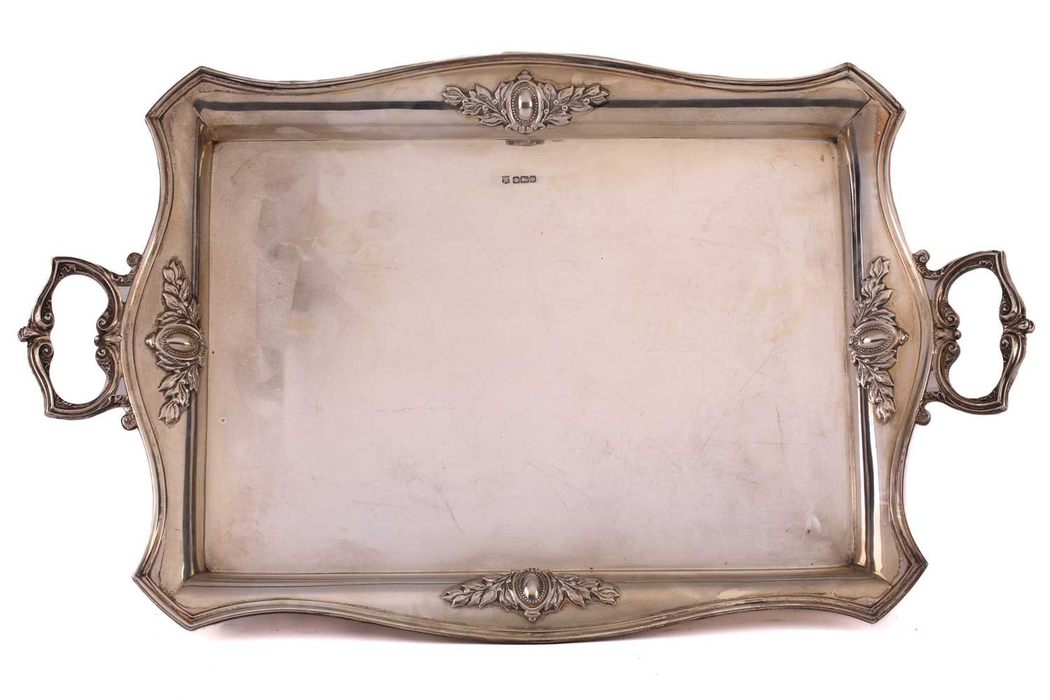 An early 20th century Neo-Classical heavy silver rectangular two handle tray. Sheffield 1914 by