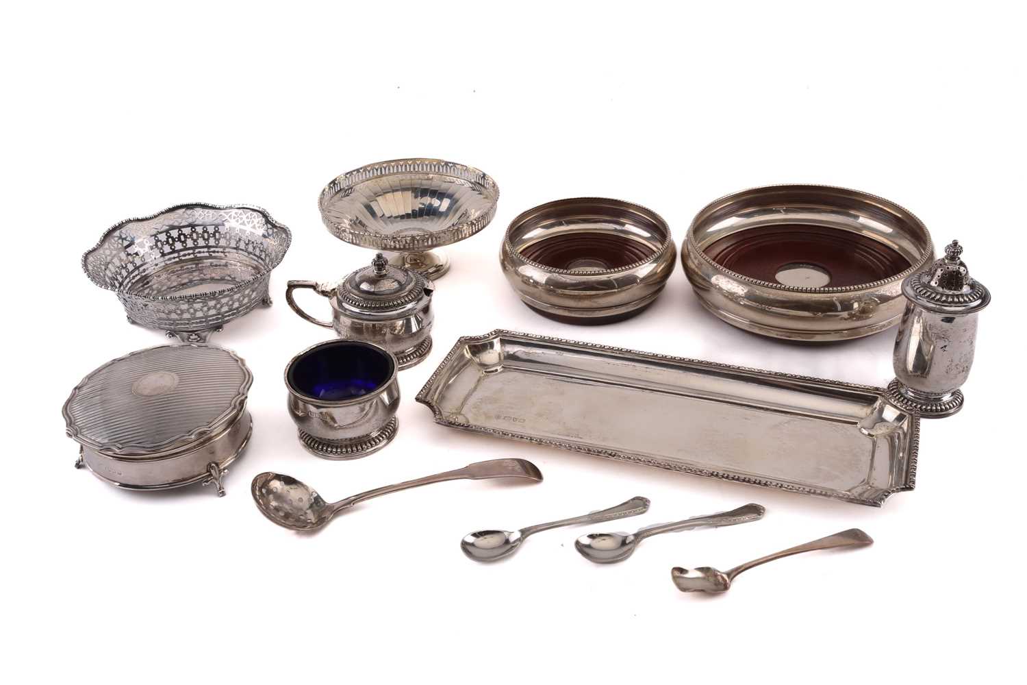 A small collection of silver items to include bonbon dish, wine coasters, suffer tray and other - Image 2 of 6