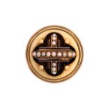 An Etruscan revival gold brooch, consisting of a cross motif in the centre, pavé set with seed