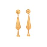 A pair of cone-shaped drop earrings, each comprises a yellow precious metal long cone with