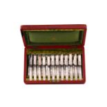 A presentation cased set for twelve late Victorian silver and mother of pearl fruit knives and