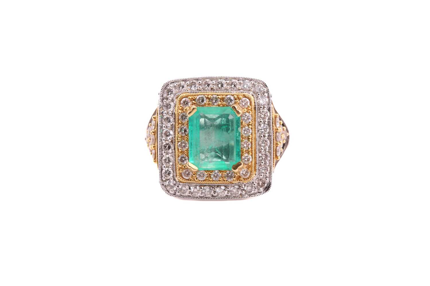 An emerald and diamond three-tier dress ring, consisting of a central emerald-cut emerald, - Image 2 of 10