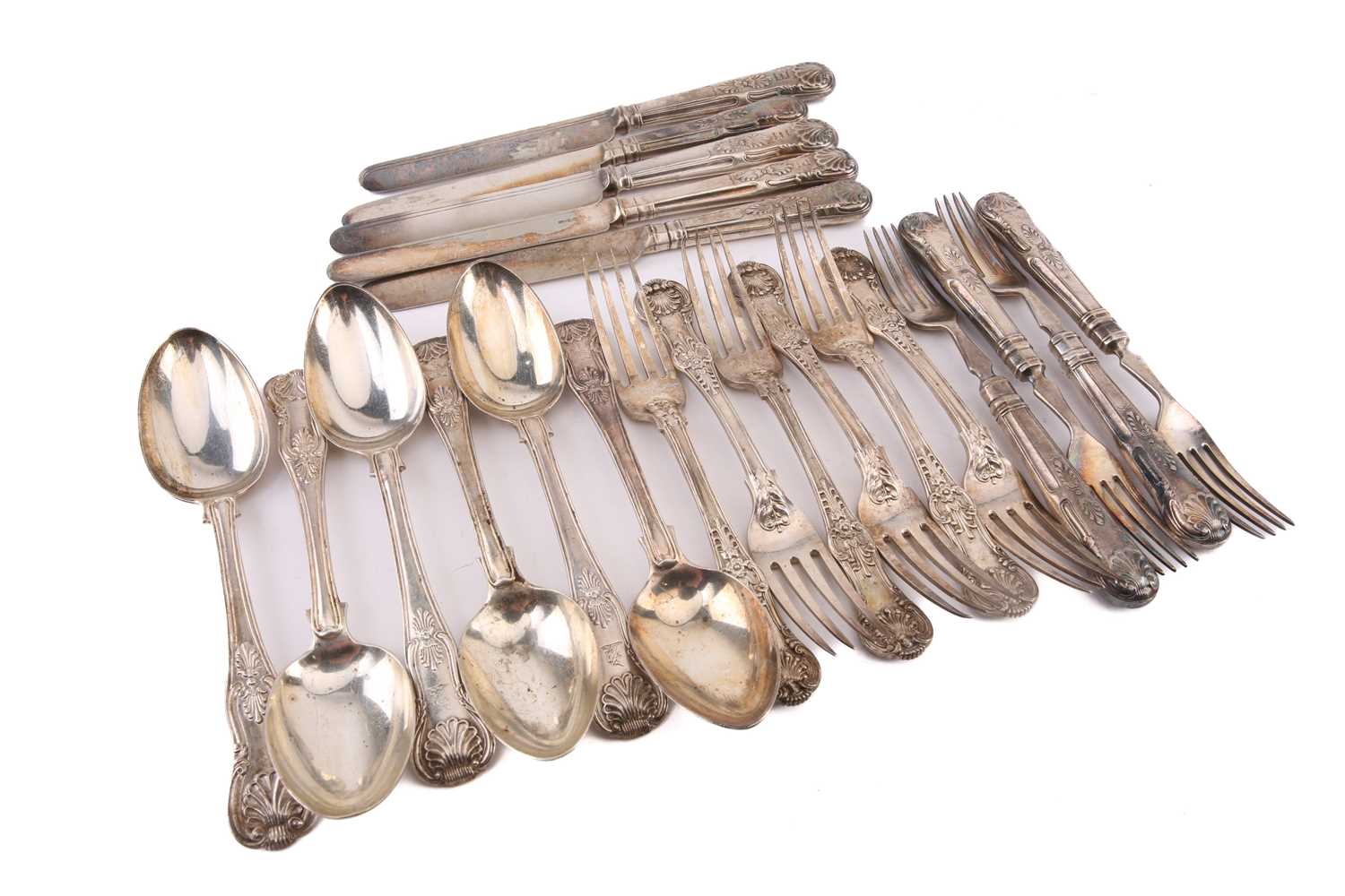 A matched unboxed canteen for six persons of William IV silver Kings pattern dessert forks and