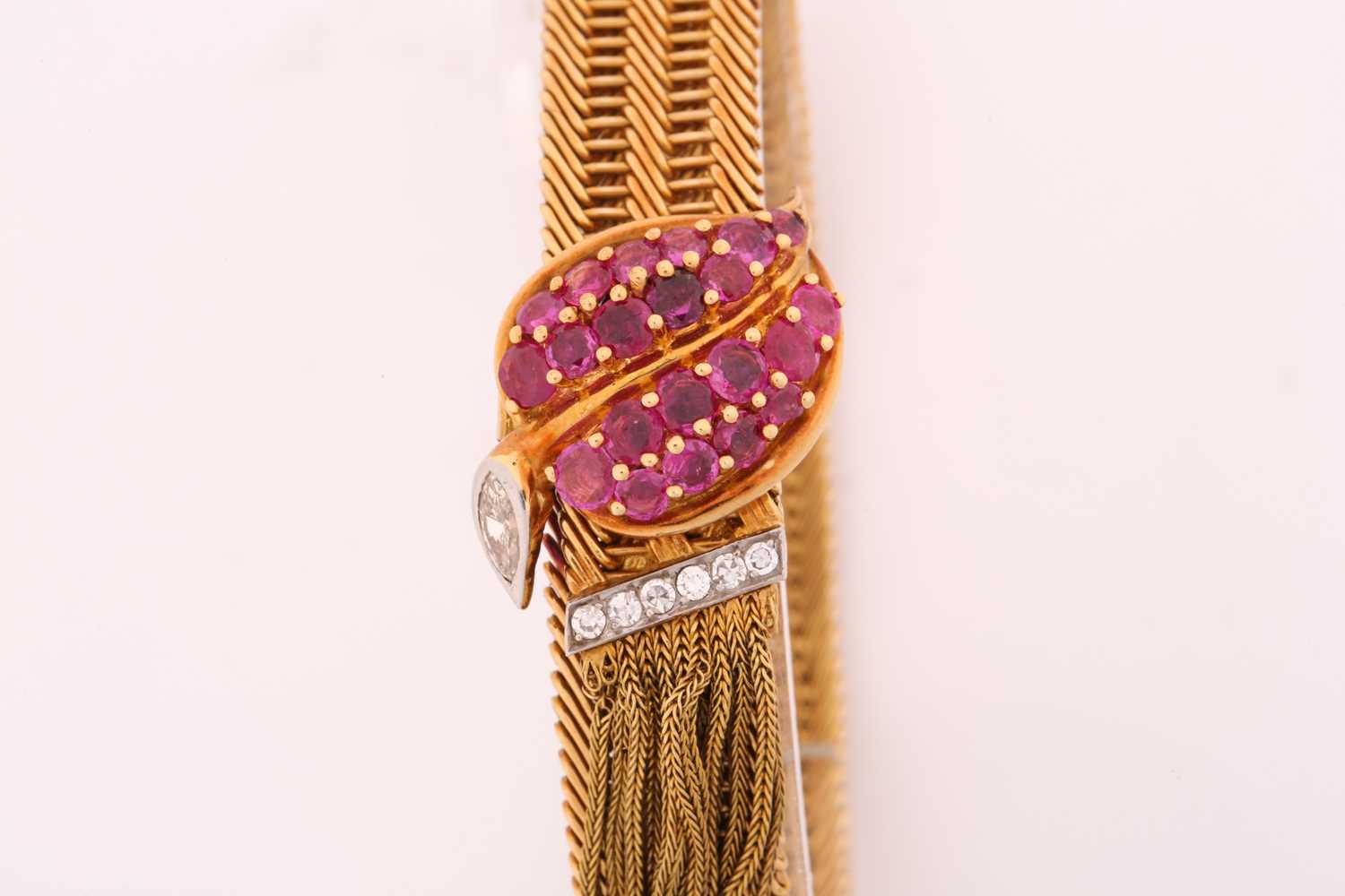 A Kutchinsky ruby and diamond slide bracelet, comprises an 18ct yellow gold woven link terminates - Image 8 of 10