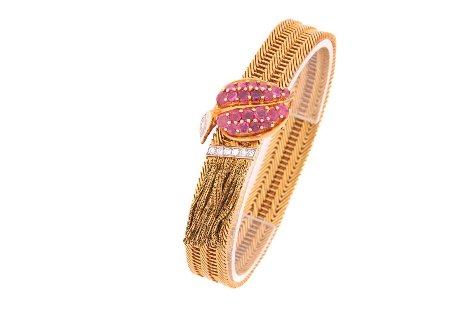 A Kutchinsky ruby and diamond slide bracelet, comprises an 18ct yellow gold woven link terminates