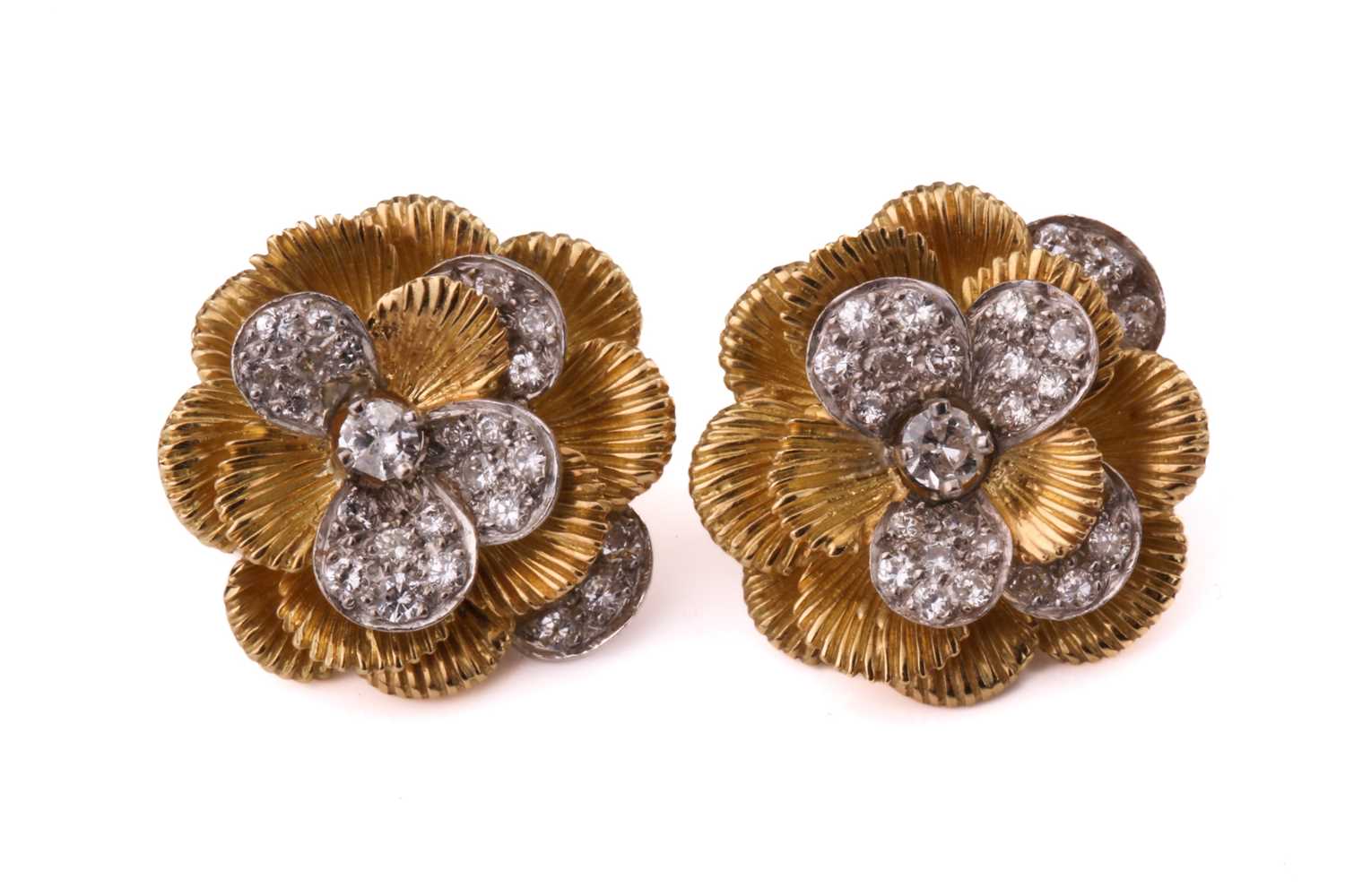 A pair of Kutchinsky platinum and 18ct yellow gold diamond earrings, each comprises a flower head - Image 2 of 6