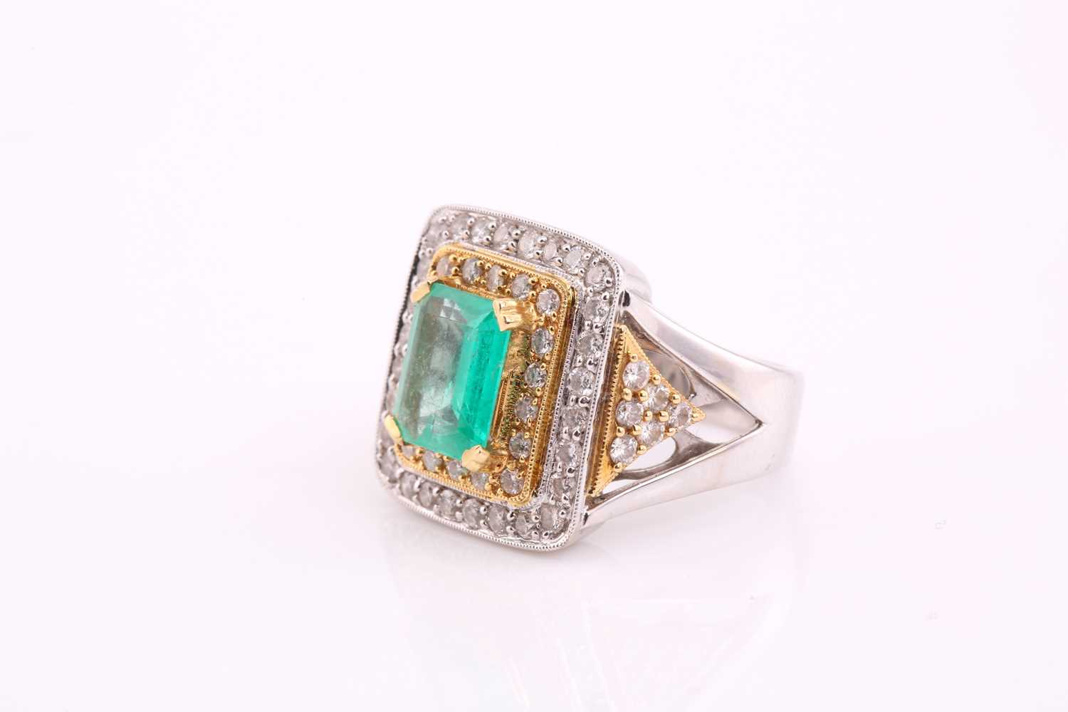 An emerald and diamond three-tier dress ring, consisting of a central emerald-cut emerald, - Image 4 of 10