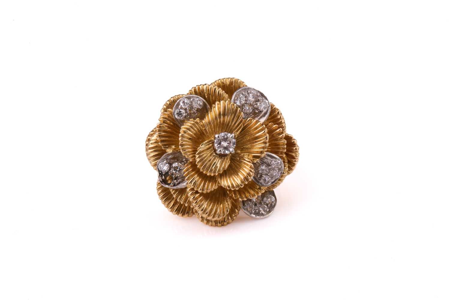 A Kutchinsky platinum and 18ct yellow gold diamond ring, comprises a flower head with layering - Image 3 of 10