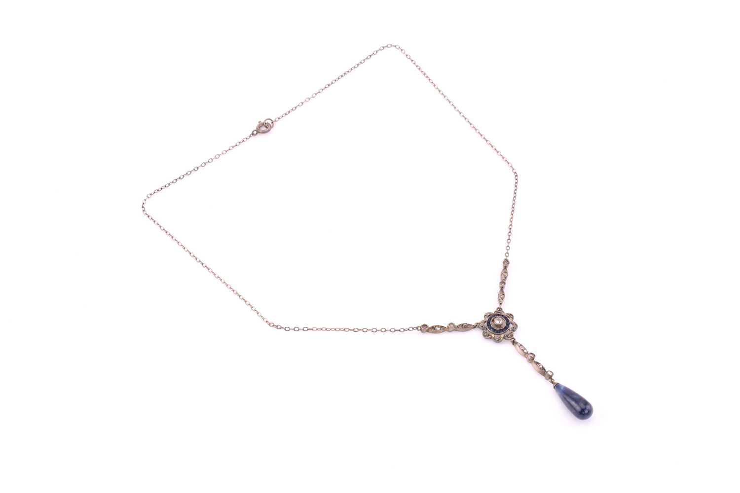 A silver drop necklace with blue and white stones, consisting of a target pendant and a sodalite - Image 2 of 3