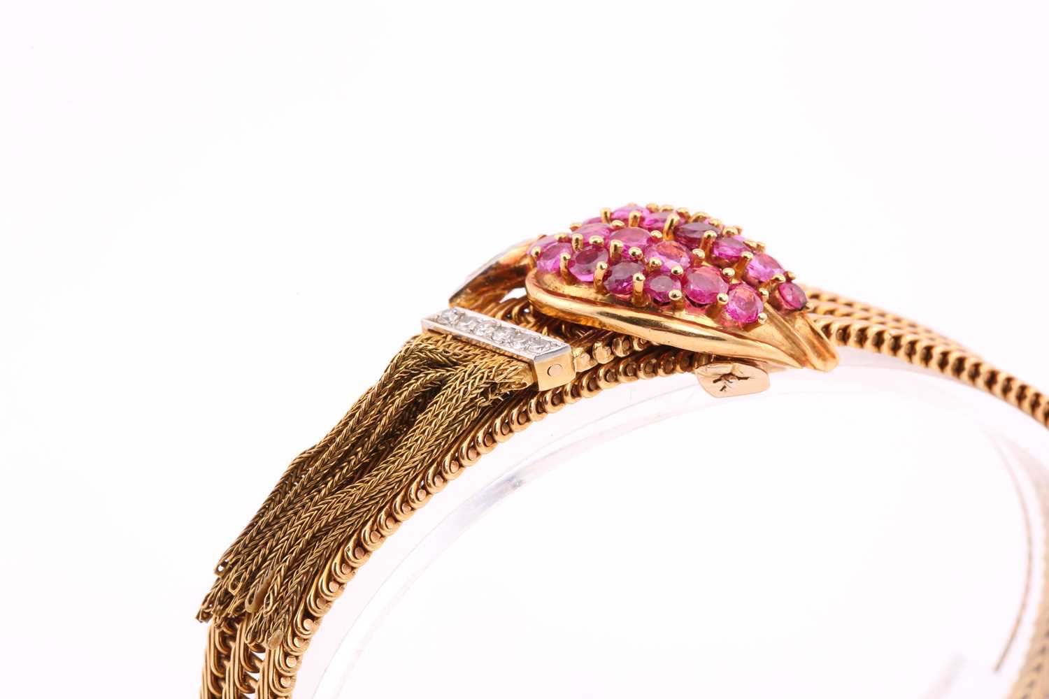 A Kutchinsky ruby and diamond slide bracelet, comprises an 18ct yellow gold woven link terminates - Image 10 of 10