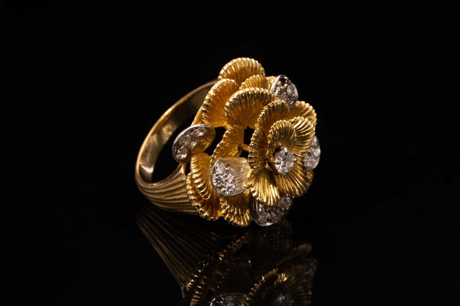 A Kutchinsky platinum and 18ct yellow gold diamond ring, comprises a flower head with layering - Image 10 of 10