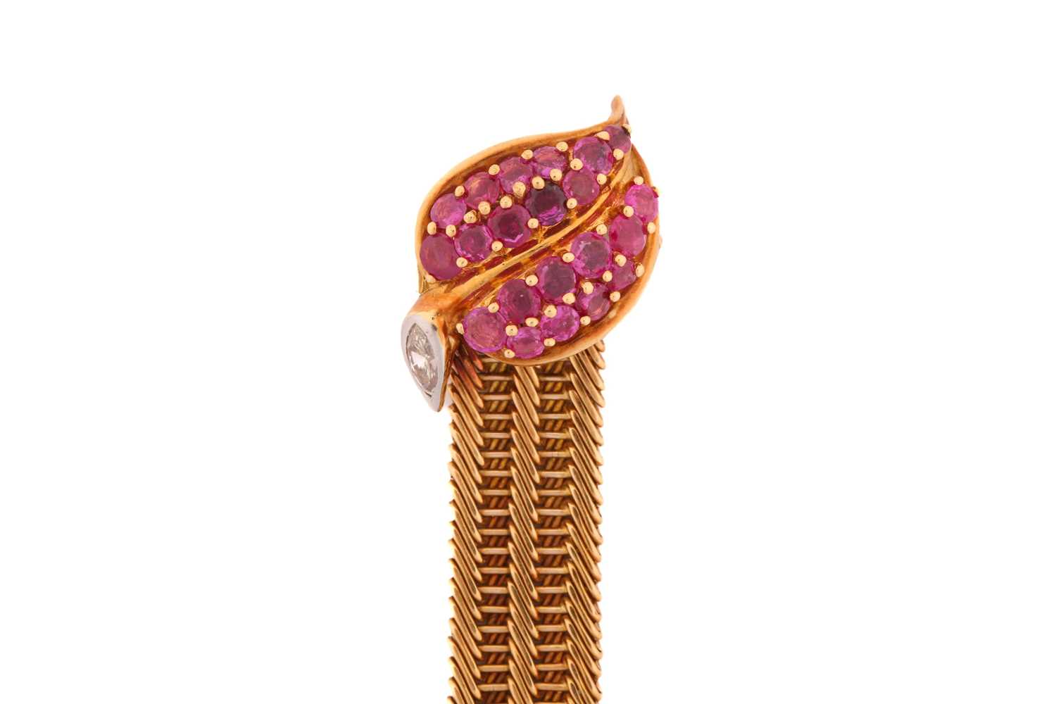 A Kutchinsky ruby and diamond slide bracelet, comprises an 18ct yellow gold woven link terminates - Image 2 of 10