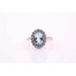 An aquamarine and diamond cluster ring, the oval mixed cut aquamarine 10.2mm x 8mm, surrounded by